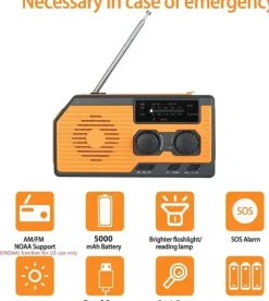 OBOSOE Nödradio Vevradio 5000mAh med Solcell & NOAA, Väderradio med LED-ficklampa för Camping