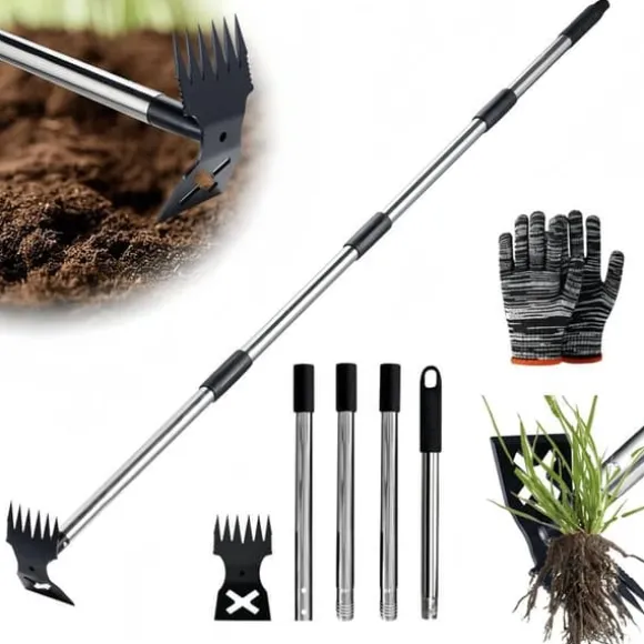 OBOSOE Ogräsupptagare / Ogräsborttagare 148 cm – 2-i-1 Ogräshacka med Långt Handtag för Trädgård