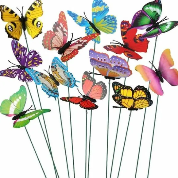 OBOSOE 50-pack Färgglada Fjärilar – 12 cm Trädgårdsdekoration med Pinne, Perfekt för Balkong, Gräsmatta & Terrass