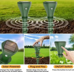 OBOSOE 4-Pack Solcellsdriven Mullvadsskrämma – IP65 Vattentät Ultrasonisk Skadedjursskrämma för Mullvad, Orm, Skunk, Gopher