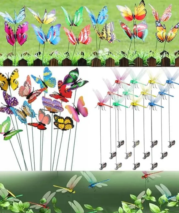 OBOSOE 50-pack Trädgårdsdekoration – 3D PVC Fjärilar på Pinnar & Trollsländor med Klämma, för Utomhusbruk