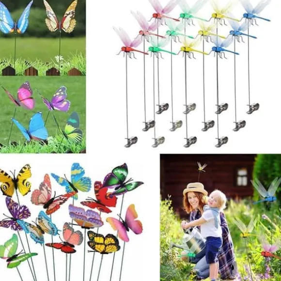 OBOSOE 52-pack Trädgårdsdekoration – 3D PVC Fjärilar på Pinnar & Trollsländor med Klämma,för Utomhus Blomster- & Balkongdekor