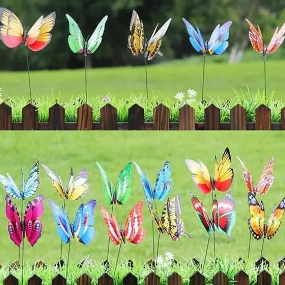 OBOSOE 52-pack Trädgårdsdekoration – 3D PVC Fjärilar på Pinnar & Trollsländor med Klämma,för Utomhus Blomster- & Balkongdekor