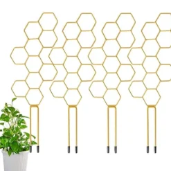 OBOSOE 4-pack växtstöd i metall – Guldfärgat klätterstöd i bikakemönster för krukväxter, blommor & klätterväxter