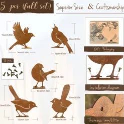 OBOSOE 5PCS rostiga fåglar väggdekoration, utomhusdekoration i metall för trädgård och staket