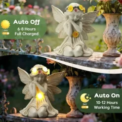 OBOSOE Solcells Ängelstaty Trädgårdsdekoration med LED Ljus Utomhus Figur för Balkong & Gård
