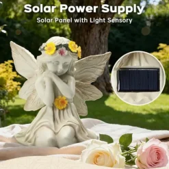 OBOSOE Solcells Ängelstaty Trädgårdsdekoration med LED Ljus Utomhus Figur för Balkong & Gård