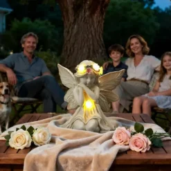 OBOSOE Solcells Ängelstaty Trädgårdsdekoration med LED Ljus Utomhus Figur för Balkong & Gård