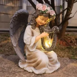 OBOSOE Solcellsdriven Ängelstaty med Harpa Trädgårdsdekoration LED Ljus Utomhusfigur för Gård & Balkong