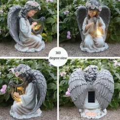 OBOSOE Solcellsdriven Ängelstaty med Harpa Trädgårdsdekoration LED Ljus Utomhusfigur för Gård & Balkong