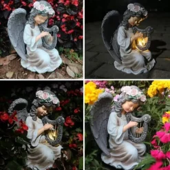 OBOSOE Solcellsdriven Ängelstaty med Harpa Trädgårdsdekoration LED Ljus Utomhusfigur för Gård & Balkong