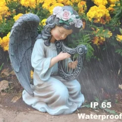 OBOSOE Solcellsdriven Ängelstaty med Harpa Trädgårdsdekoration LED Ljus Utomhusfigur för Gård & Balkong