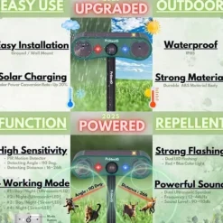 OBOSOE Solenergi utomhus drivmedel – Ultrasonisk rörelse med LED-ljus – Vattentät avvisare för rådjur, katt, gnagare