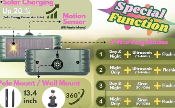 OBOSOE Solenergi utomhus drivmedel – Ultrasonisk rörelse med LED-ljus – Vattentät avvisare för rådjur, katt, gnagare