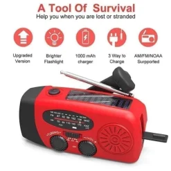 OBOSOE Vevradio med Solceller, Ficklampa och 2000mAh Powerbank SOS, röd