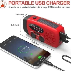 OBOSOE Vevradio med Solceller, Ficklampa och 2000mAh Powerbank SOS, röd