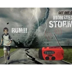 OBOSOE Vevradio med Solceller, Ficklampa och 2000mAh Powerbank SOS, röd