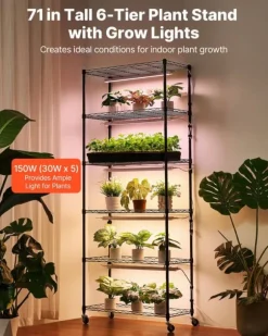 Odlingshylla med växtbelysning - Inomhus växtställ 6 våningar - 180 cm - Hjul - Timer 4/9/14 h - 150 W fullspektrum 3 färger - För fröstart