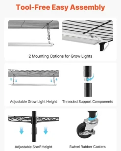 Odlingshylla med växtbelysning - Inomhus växtställ 6 våningar - 180 cm - Hjul - Timer 4/9/14 h - 150 W fullspektrum 3 färger - För fröstart