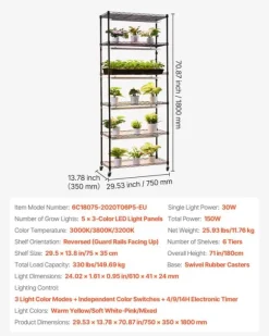 Odlingshylla med växtbelysning - Inomhus växtställ 6 våningar - 180 cm - Hjul - Timer 4/9/14 h - 150 W fullspektrum 3 färger - För fröstart
