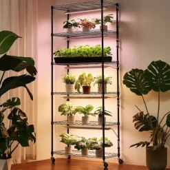 Odlingshylla med växtbelysning - Inomhus växtställ 6 våningar - 180 cm - Hjul - Timer 4/9/14 h - 150 W fullspektrum 3 färger - För fröstart