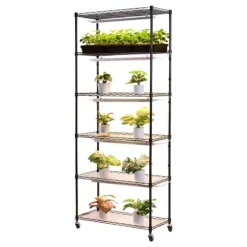 Odlingshylla med växtbelysning - Inomhus växtställ 6 våningar - 180 cm - Hjul - Timer 4/9/14 h - 150 W fullspektrum 3 färger - För fröstart