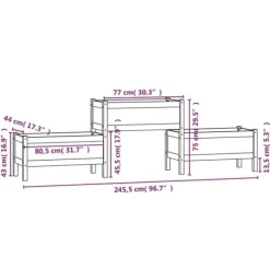 Odlingslåda i massiv furu - Upphöjd planteringsenhet med 3 blomlådor | Färg: Grå | Storlek: 245,5x44x75 cm