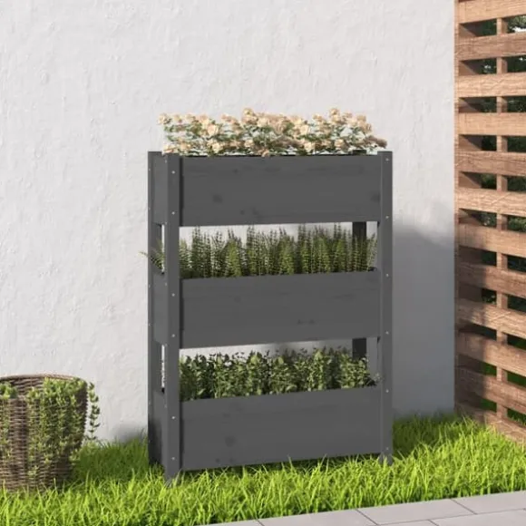 Odlingslåda i massiv furu - Stabil design med 3 blomlådor | Färg: Grå | Storlek: 77x25x104,5 cm