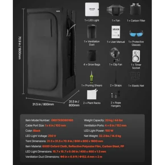 Odlingslåda Kit, 80x80x180 cm, Svart, Inomhus Växtodlingssystem