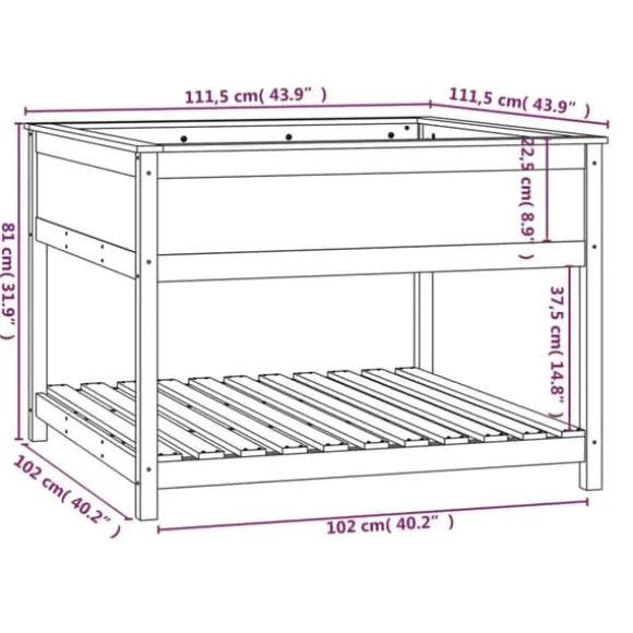 Odlingslåda med hylla i massiv furu - Ergonomisk och stabil | Storlek: 111,5x111,5x81 cm