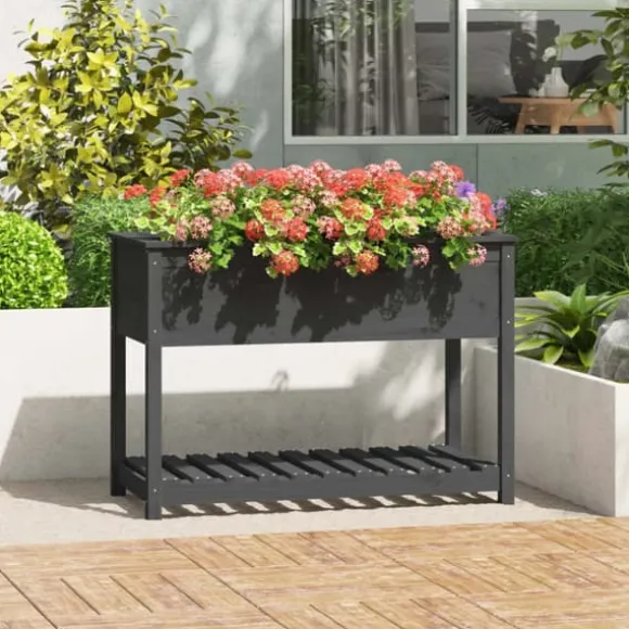 Odlingslåda med hylla i massiv furu - Ergonomisk och stabil | Färg: Grå | Storlek: 111,5x54x81 cm