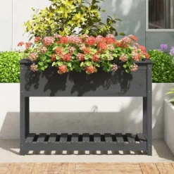 Odlingslåda med hylla i massiv furu - Ergonomisk och stabil | Färg: Grå | Storlek: 111,5x54x81 cm