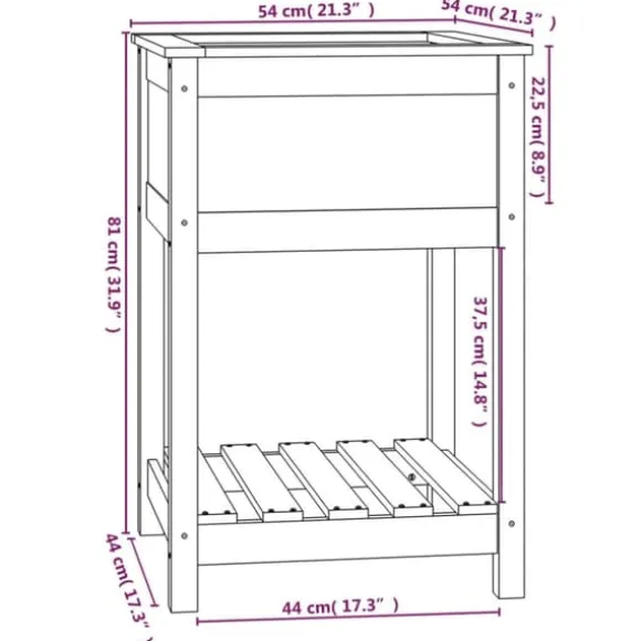 Odlingslåda med hylla i massiv furu - Ergonomisk och praktisk | Storlek: 54x54x81 cm | Färg: Natur