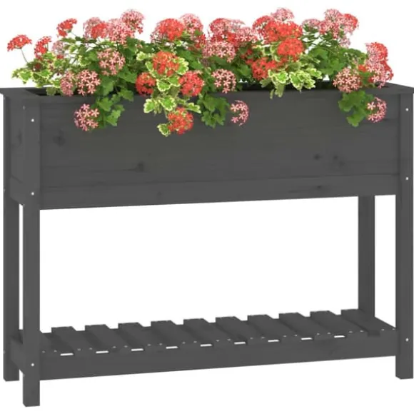 Odlingslåda med hylla i massiv furu - Ergonomisk och stabil | Färg: Grå | Storlek: 111,5x34,5x81 cm