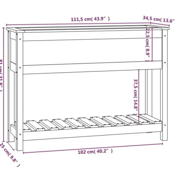 Odlingslåda med hylla i massiv furu - Ergonomisk och stabil | Färg: Grå | Storlek: 111,5x34,5x81 cm