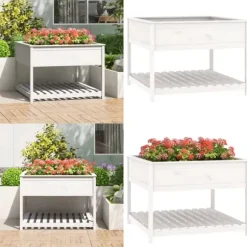 Odlingslåda med hylla vit 111,5x111,5x81 cm massiv furu - Odlingslåda Upphöjd - Odlingslådor Upphöjda - Home & Living