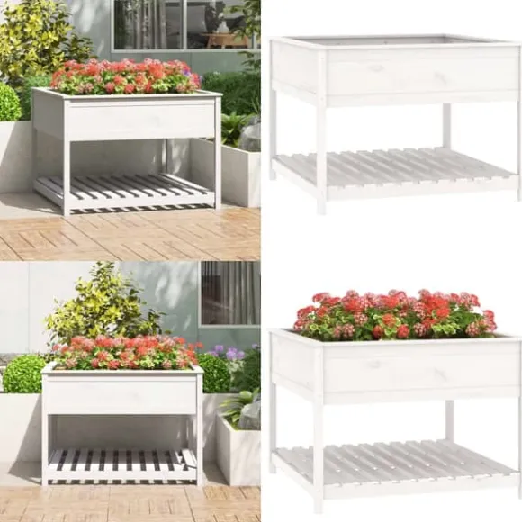 Odlingslåda med hylla vit 111,5x111,5x81 cm massiv furu - Odlingslåda Upphöjd - Odlingslådor Upphöjda - Home & Living