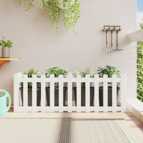 Odlingslåda med staket-design vit 150x50x50 cm massiv furu