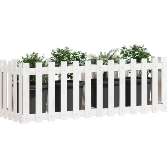 Odlingslåda med staket-design vit 150x50x50 cm massiv furu