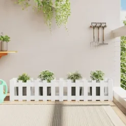 Odlingslåda med staket-design vit 150x30x30 cm massiv furu