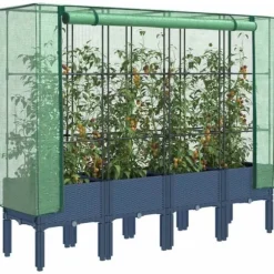 Odlingslåda med växthusöverdrag - Robust design i rottinglook | Storlek: 160x40x140 cm | Färg: Beige