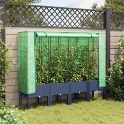 Odlingslåda med växthusöverdrag - Robust design i rottinglook | Storlek: 160x40x140 cm | Färg: Beige