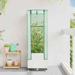 Odlingslåda med växthusöverdrag rottinglook 40x40x139 cm