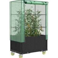 Odlingslåda med växthusöverdrag hjul rottinglook 80x50x182 cm