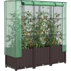 Odlingslåda med växthusöverdrag rottinglook 120x40x138 cm