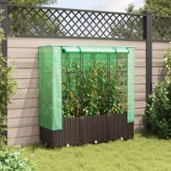 Odlingslåda med växthusöverdrag rottinglook 120x40x138 cm