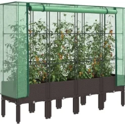 Odlingslåda med växthusöverdrag rottinglook 160x40x140 cm