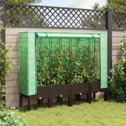 Odlingslåda med växthusöverdrag rottinglook 160x40x140 cm