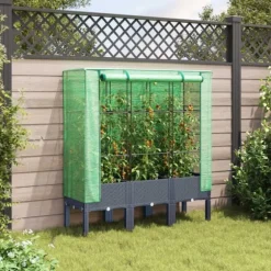 Odlingslåda med växthusöverdrag rottinglook 120x40x140 cm
