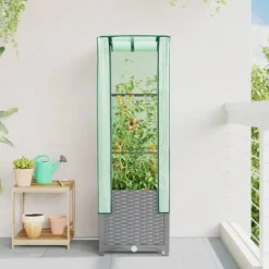 Odlingslåda med växthusöverdrag rottinglook 40x40x139 cm